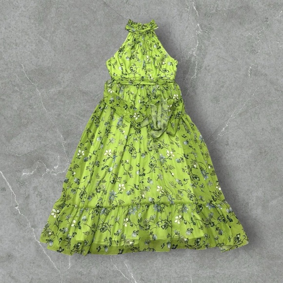 IEENA for Mac Duggal Green Floral Print High-Neck A-Line Midi Dress - Picture 4 of 7